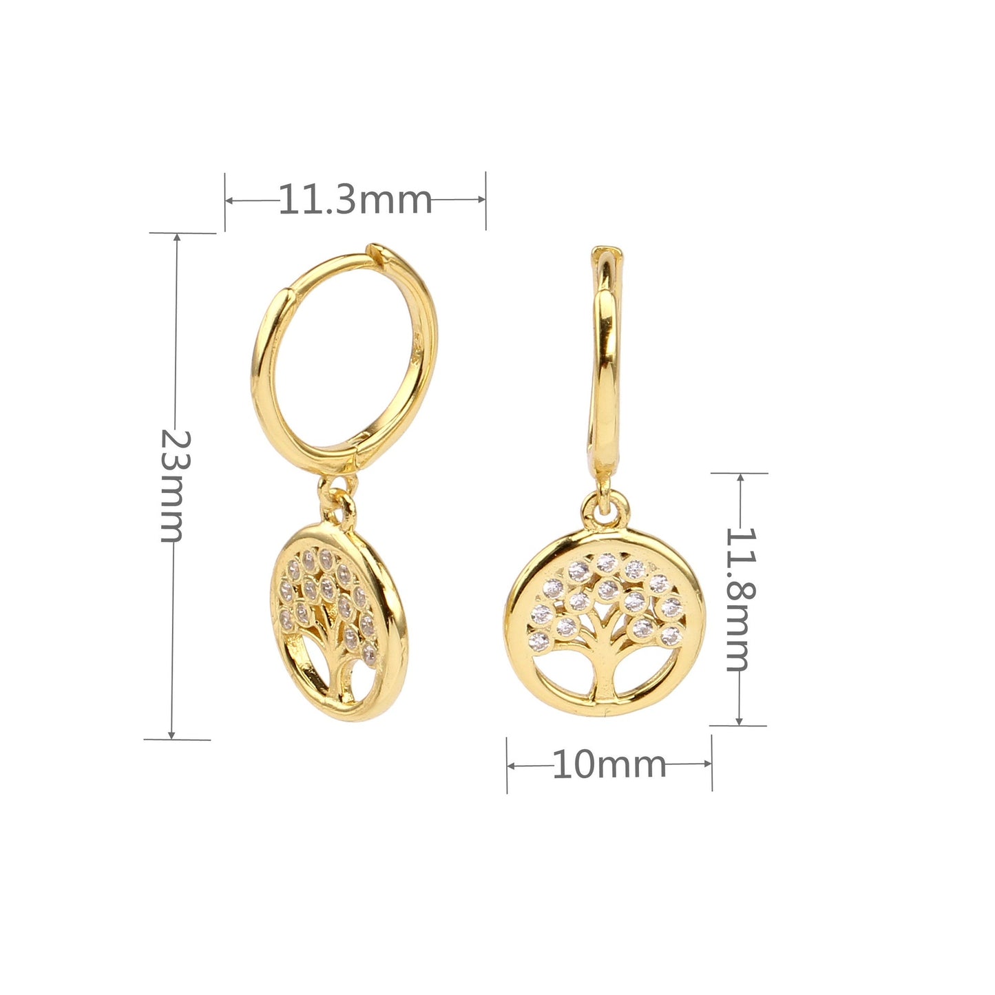 S925 Sterling Silver Inlaid Zircon Lucky Tree Earrings Gold Plated Ear Clip