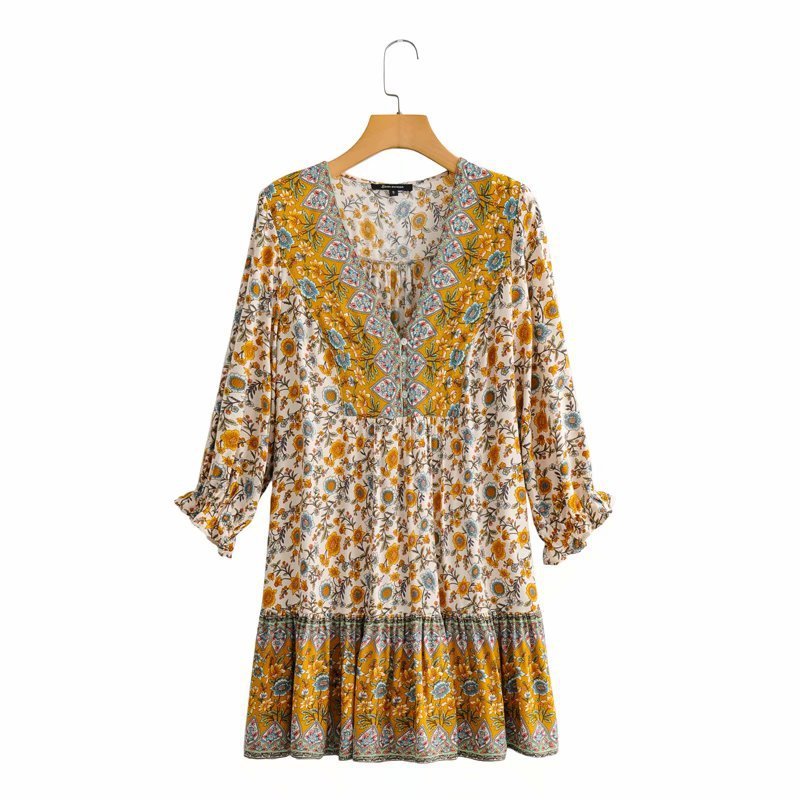 Three-color Dress V-neck Loose