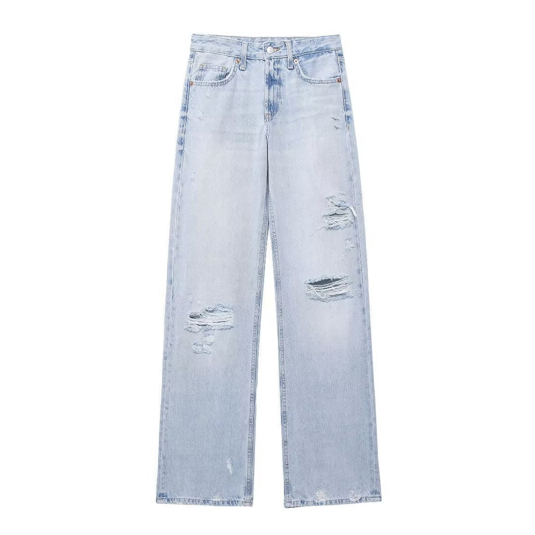 Women's Decorative Mid-waist Wide-leg Jeans