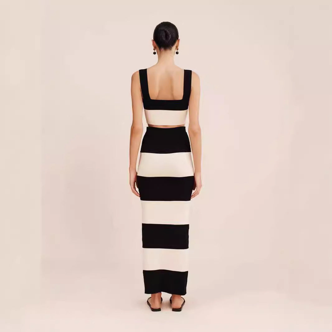 Knitted Striped Long Dress Suit