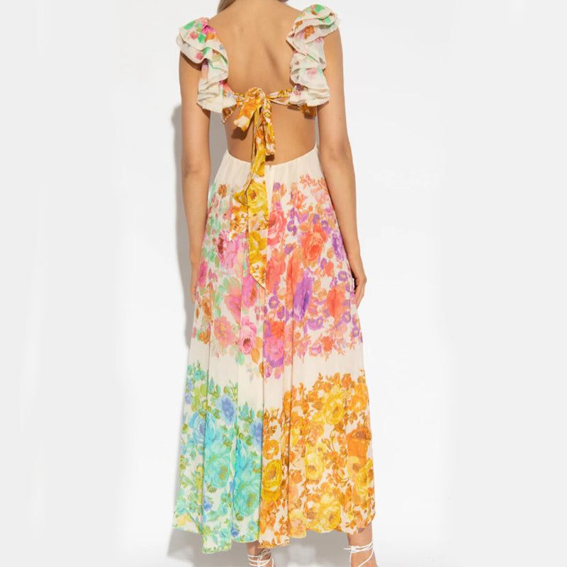 V-neck Long Dress Summer Romantic Flower Print