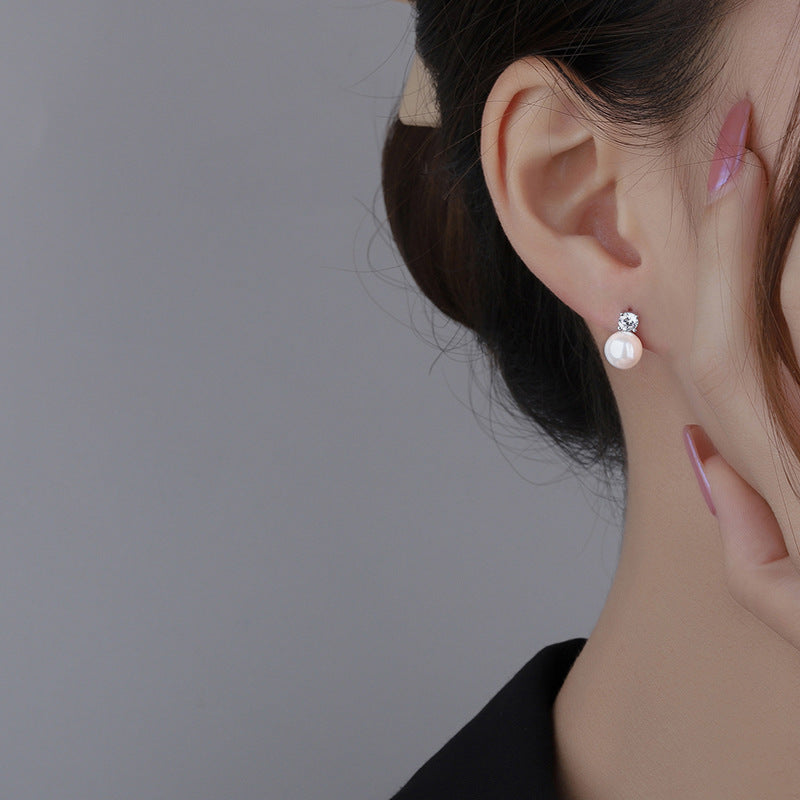 S999 Sterling Silver Square Four-claw Zircon Pearl Stud Earrings