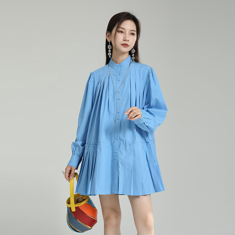 Niche Design Pleated Doll Type Long Sleeve Shirt Dress