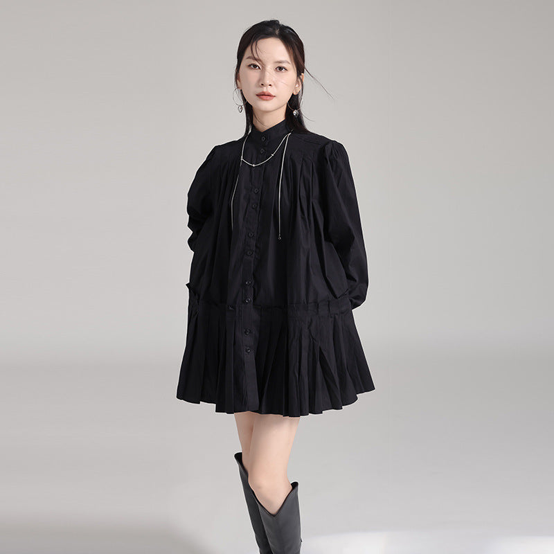 Niche Design Pleated Doll Type Long Sleeve Shirt Dress