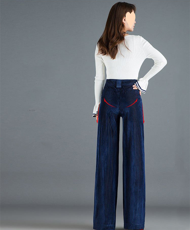 Gold Silk Striped Velvet Wide Leg Pants Women