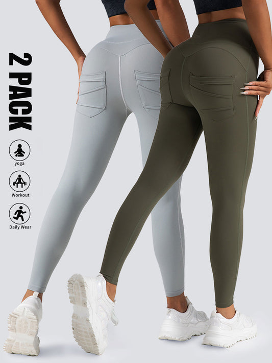 2er-Pack Yoga-Hosen mit hoher Taille und Taschen, Bauchkontrolle, Workout, Laufen, Yoga-Leggings für Damen