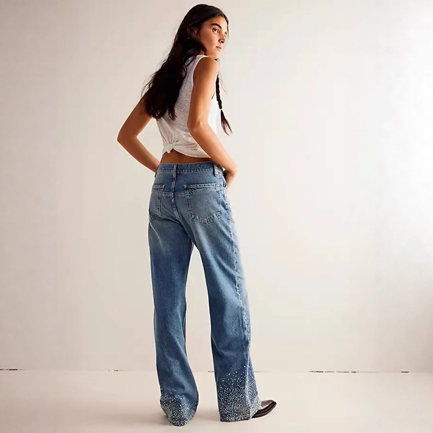 Stretch Rhinestone Straight Leg Jeans