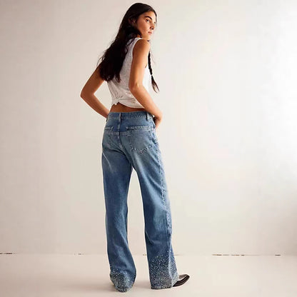 Stretch Rhinestone Straight Leg Jeans