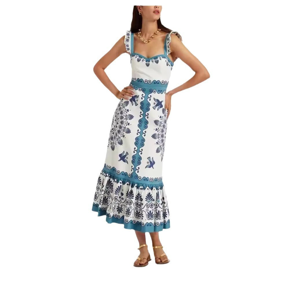 Women's Ethnic Print Sling Hip Lotus Leaf Long Dress