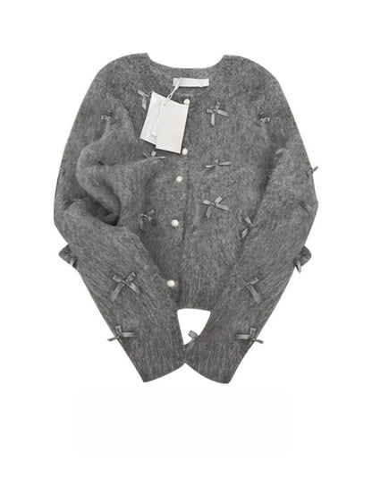 Gray Bow Sweater Women's Autumn And Winter Elegant Soft Glutinous Mohair Knitted Cardigan Chanel Coat