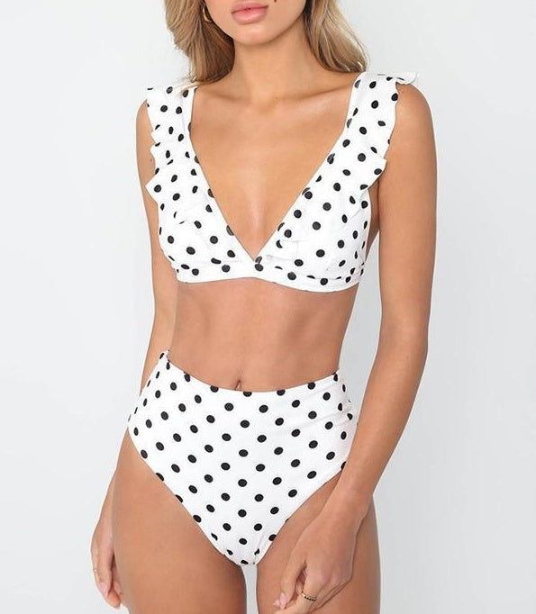 Neuer heißer Dot Floral Border Badeanzug mit hoher Taille, Strandmode-Badeanzug für Damen 