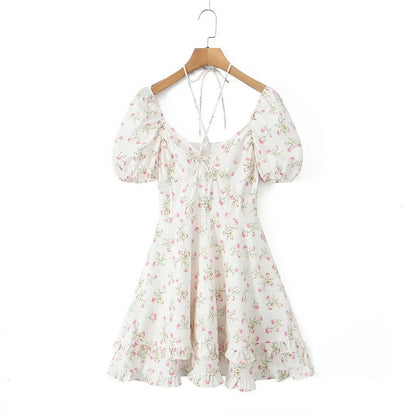 Tight Waist Small Chest Hollow Out Tied Puff Sleeve Floral Print Dress