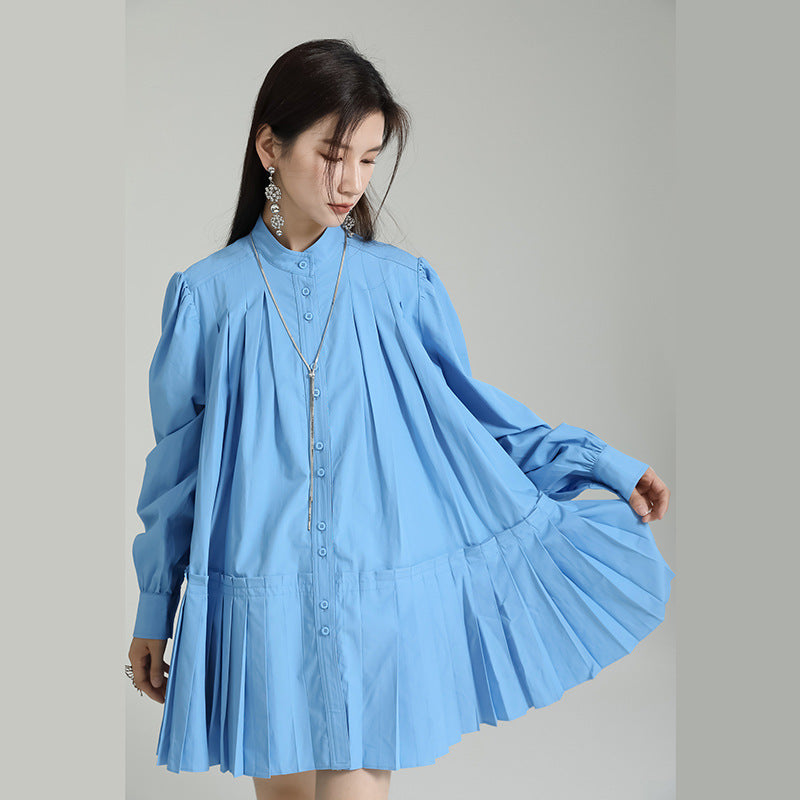 Niche Design Pleated Doll Type Long Sleeve Shirt Dress