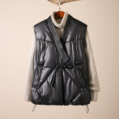 Simple V-neck Waistcoat Outerwear Glossy Cotton Vest Jacket