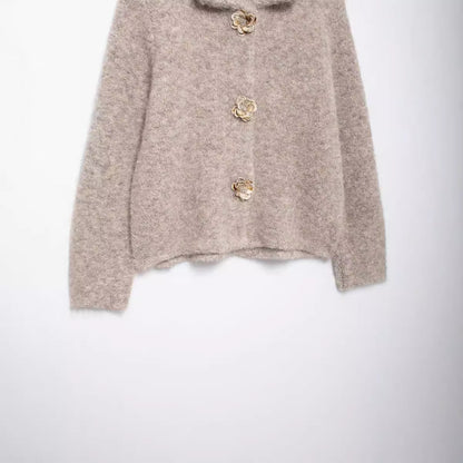 European And American Style Fashionable All-match Flower-shaped Decorated Row Button Knitted Coat