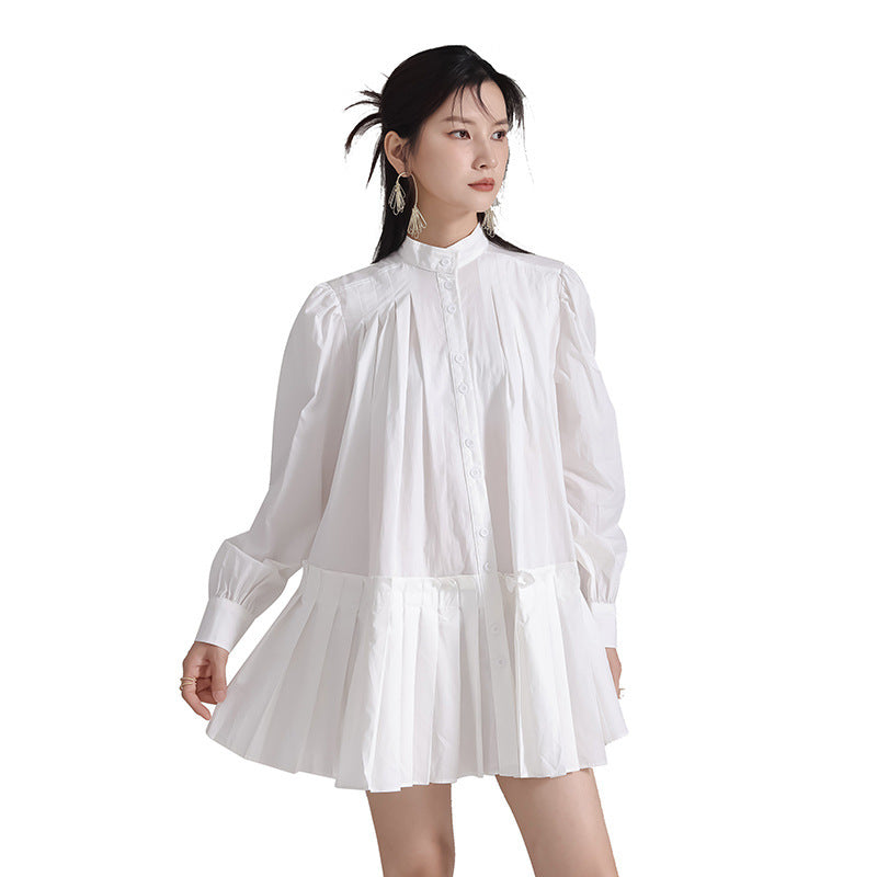 Niche Design Pleated Doll Type Long Sleeve Shirt Dress