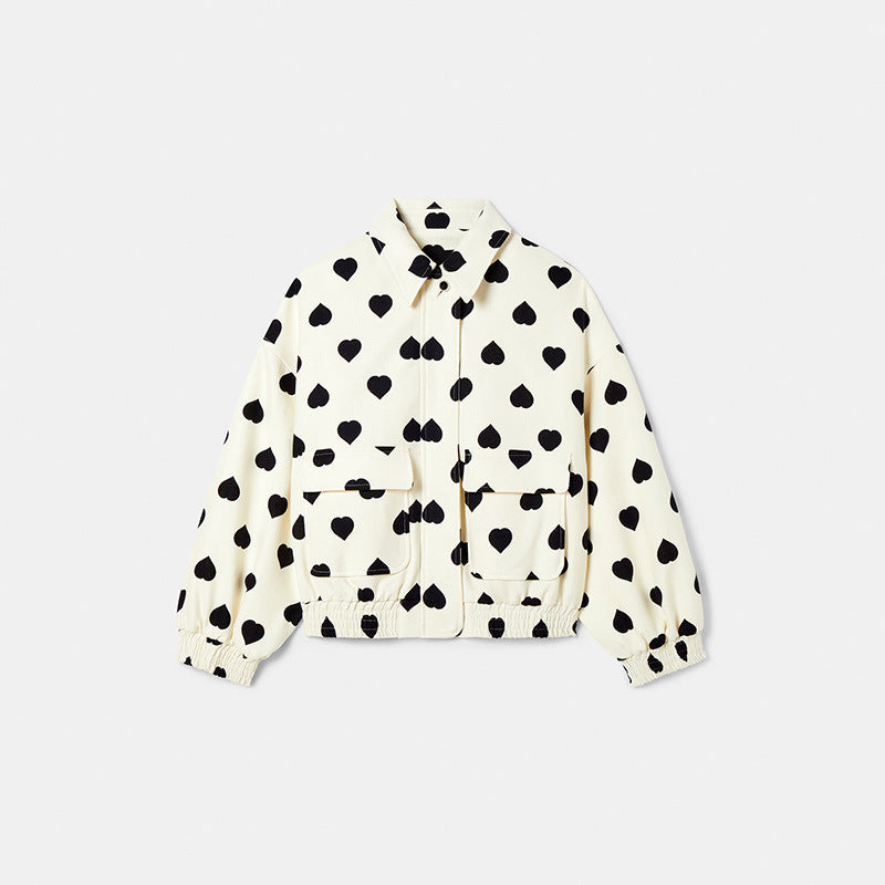 Heart Printed Jacket Coat Lapel Zipper Pocket