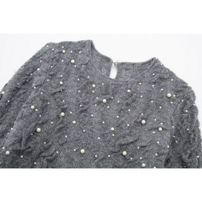 Pullover Round Neck Long Sleeves Artificial Decorated Pearls Texture Knitted Top