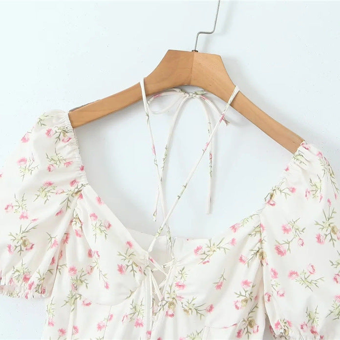 Tight Waist Small Chest Hollow Out Tied Puff Sleeve Floral Print Dress