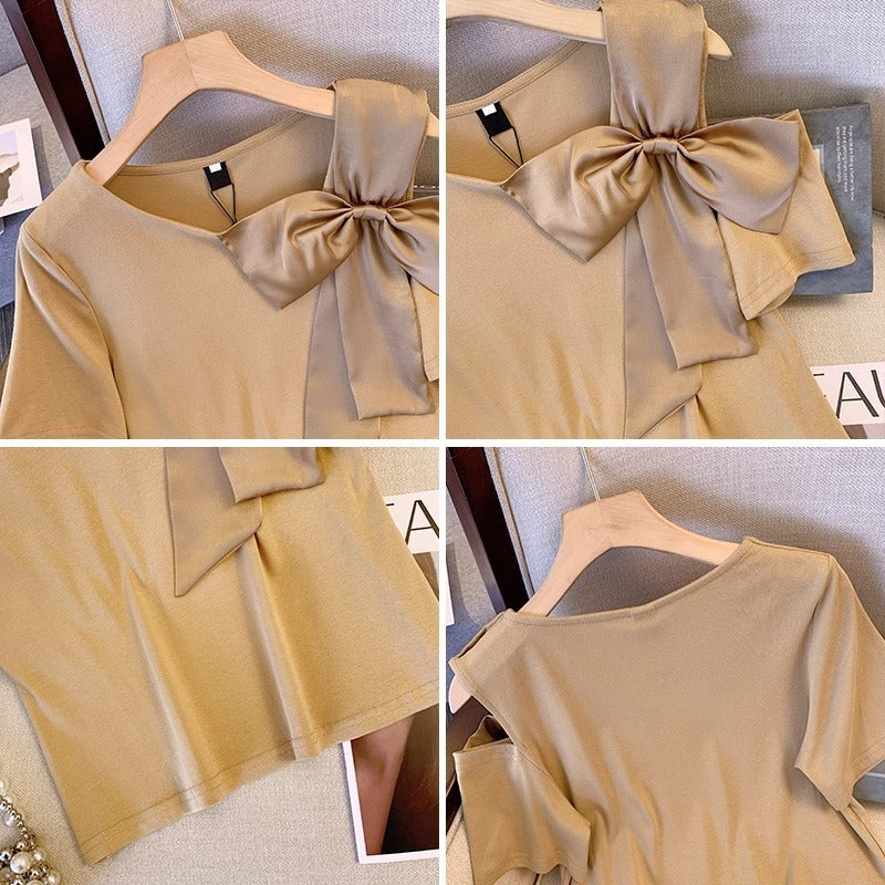 Female Creative Casual Versatile Bow Short Sleeved Shirt