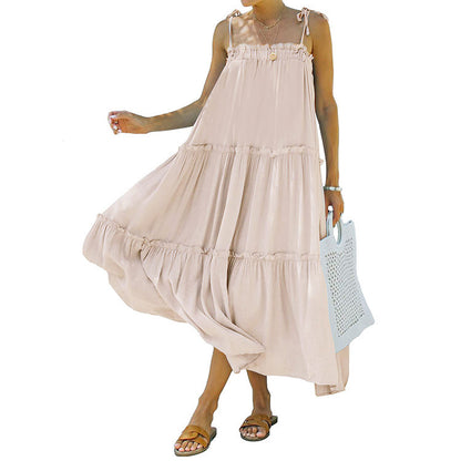 Sleeveless Layered Ruffled Beach Long Solid Color Dress