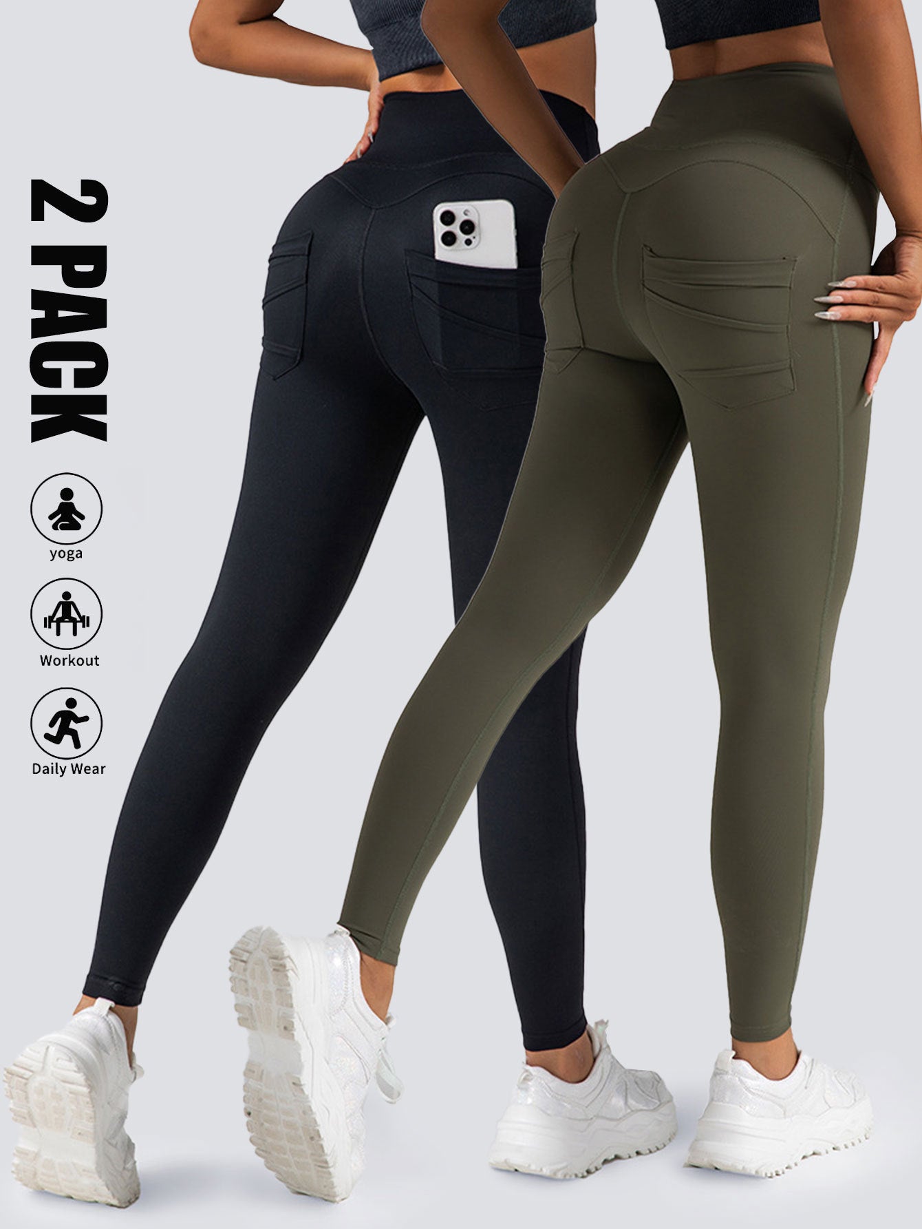 2 Pack High Waist Yoga Pants With Pockets, Tummy Control Workout Running Yoga Leggings For Women