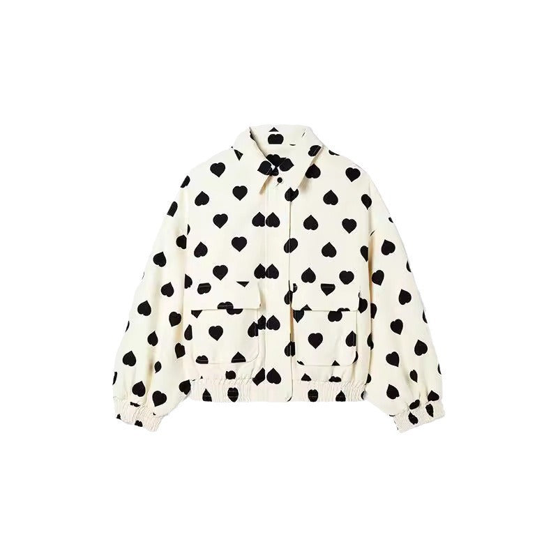 Heart Printed Jacket Coat Lapel Zipper Pocket