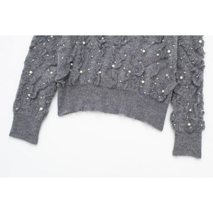 Pullover Round Neck Long Sleeves Artificial Decorated Pearls Texture Knitted Top