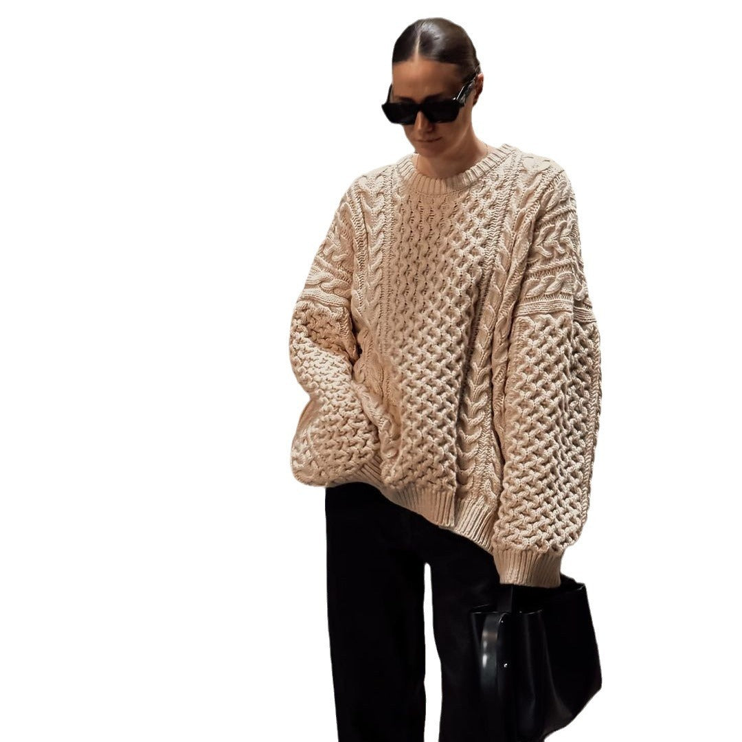 Round Neck Twist Weave Long Sleeve Sweater Loose Casual Lazy Knitted Top