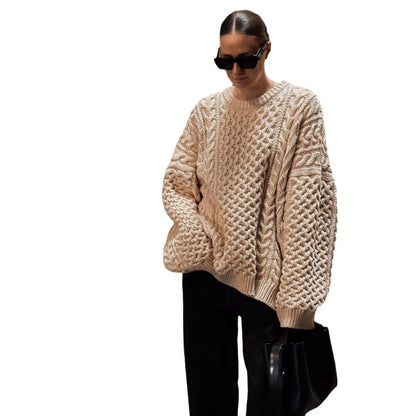 Round Neck Twist Weave Long Sleeve Sweater Loose Casual Lazy Knitted Top