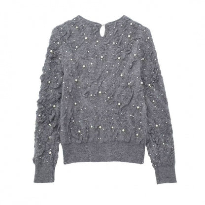 Pullover Round Neck Long Sleeves Artificial Decorated Pearls Texture Knitted Top