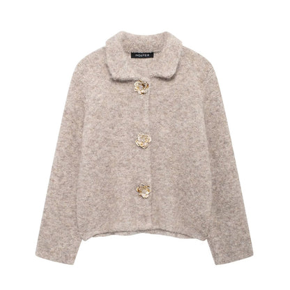 European And American Style Fashionable All-match Flower-shaped Decorated Row Button Knitted Coat