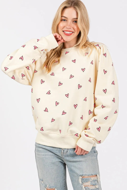 SAGE FIG Heart Printed Contrast Long Sleeve Sweatshirt