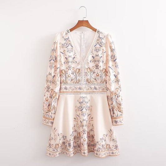 Spring Wish Long Sleeve V-neck Printed Dress