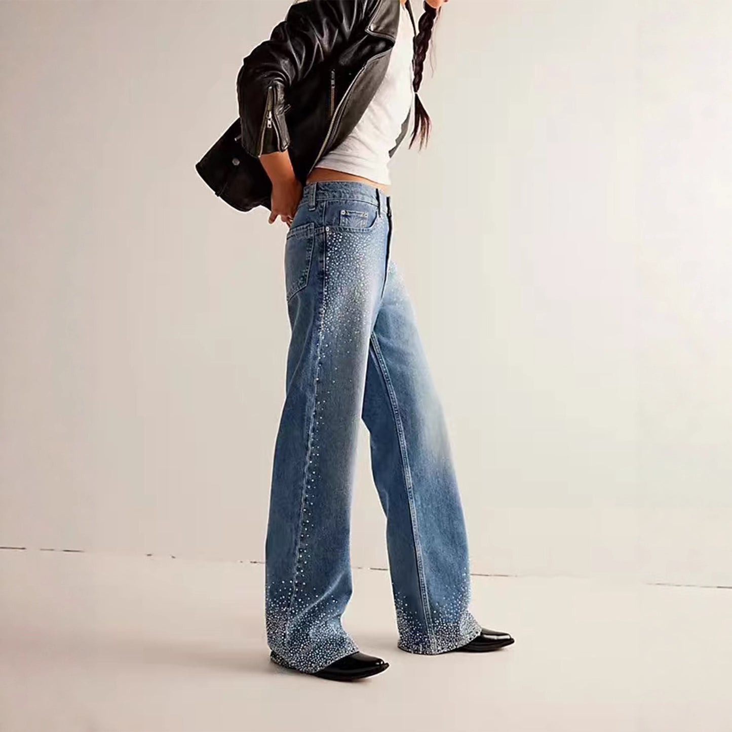 Stretch Rhinestone Straight Leg Jeans