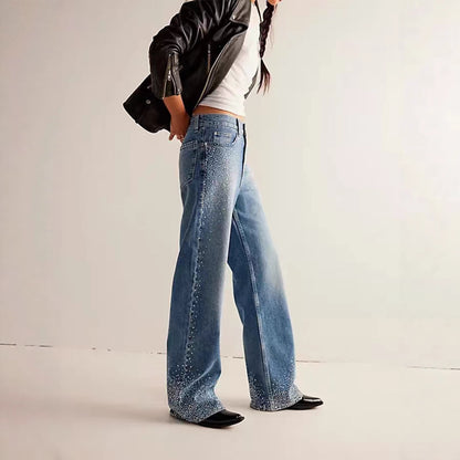 Stretch Rhinestone Straight Leg Jeans