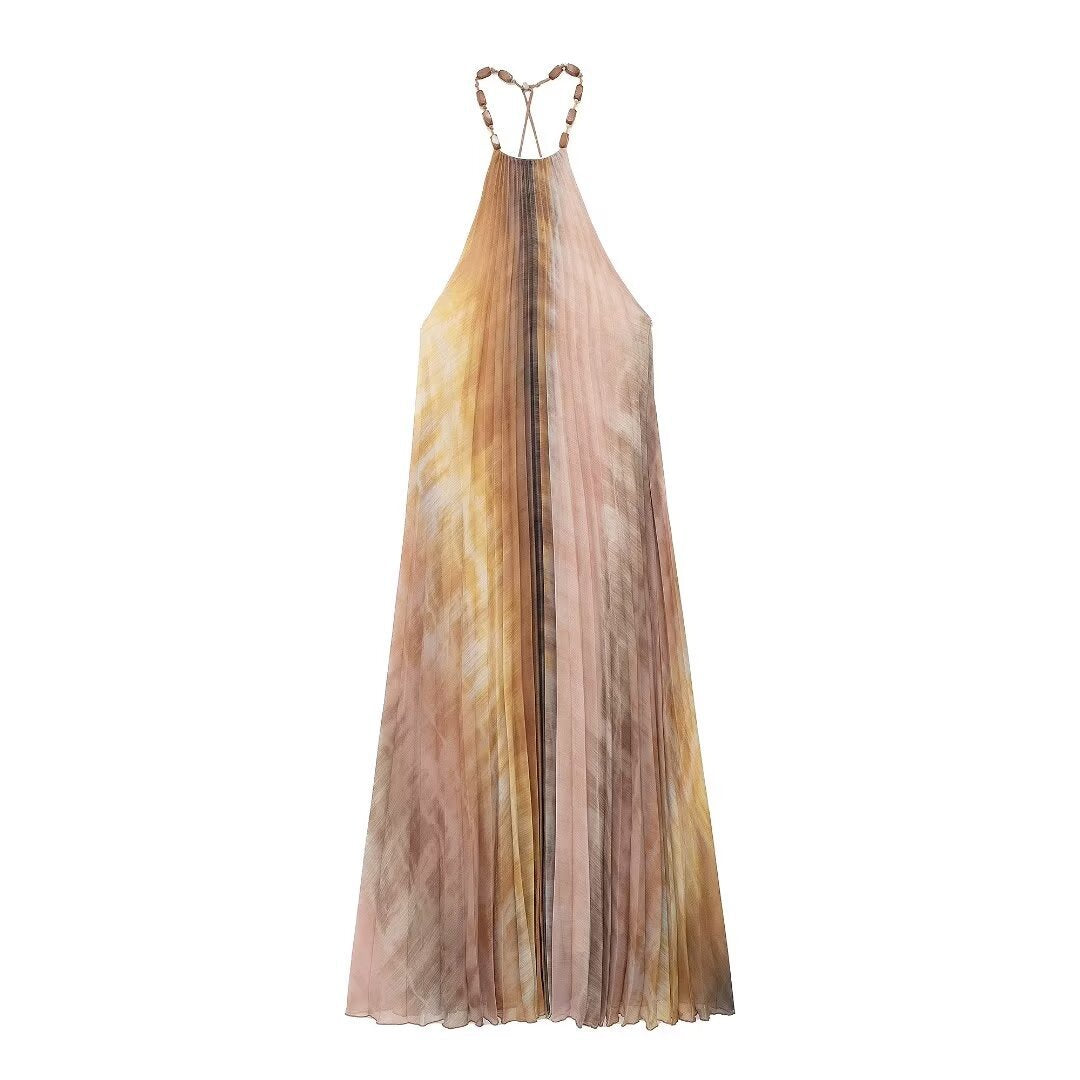 Women's Tie Dye Hanging Collar Pleated Dress