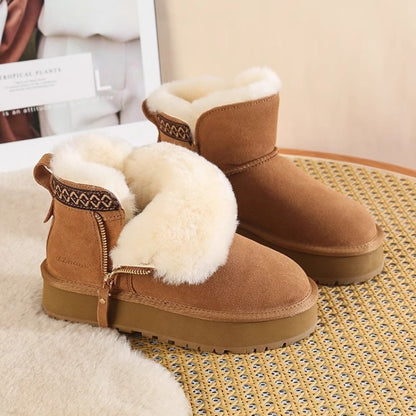 Women's Short Thick Warm Side Zip Platform Height Increasing Snow Boots