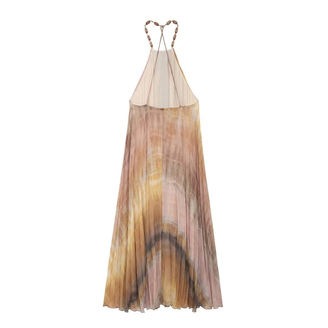 Women's Tie Dye Hanging Collar Pleated Dress