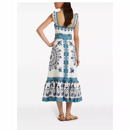 Women's Ethnic Print Sling Hip Lotus Leaf Long Dress