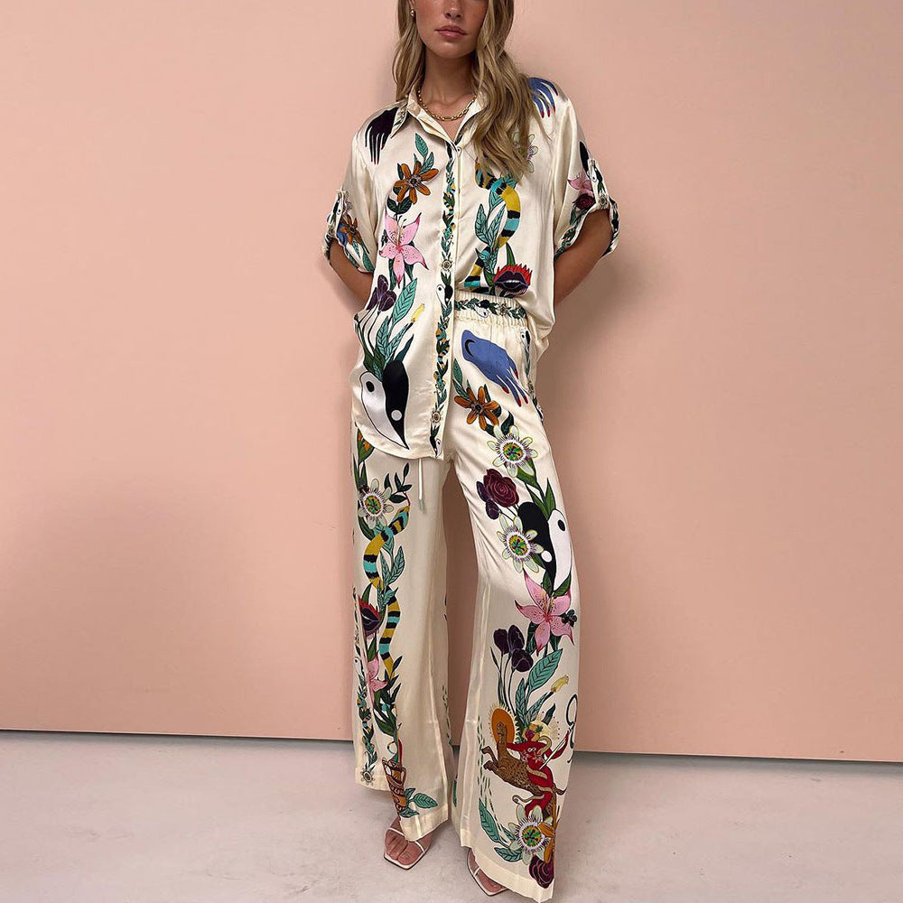 Shirt and trousers loose printed suit casual two-piece set