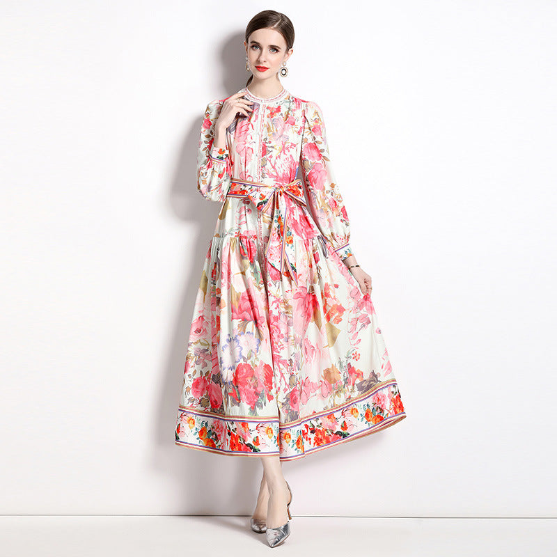 Elegant Floral Single-breasted Swing Dress