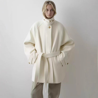 Loose fitting belted mid length coat