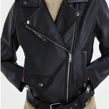 Damen-Retro-Biker-Ledermantel aus Kunstleder