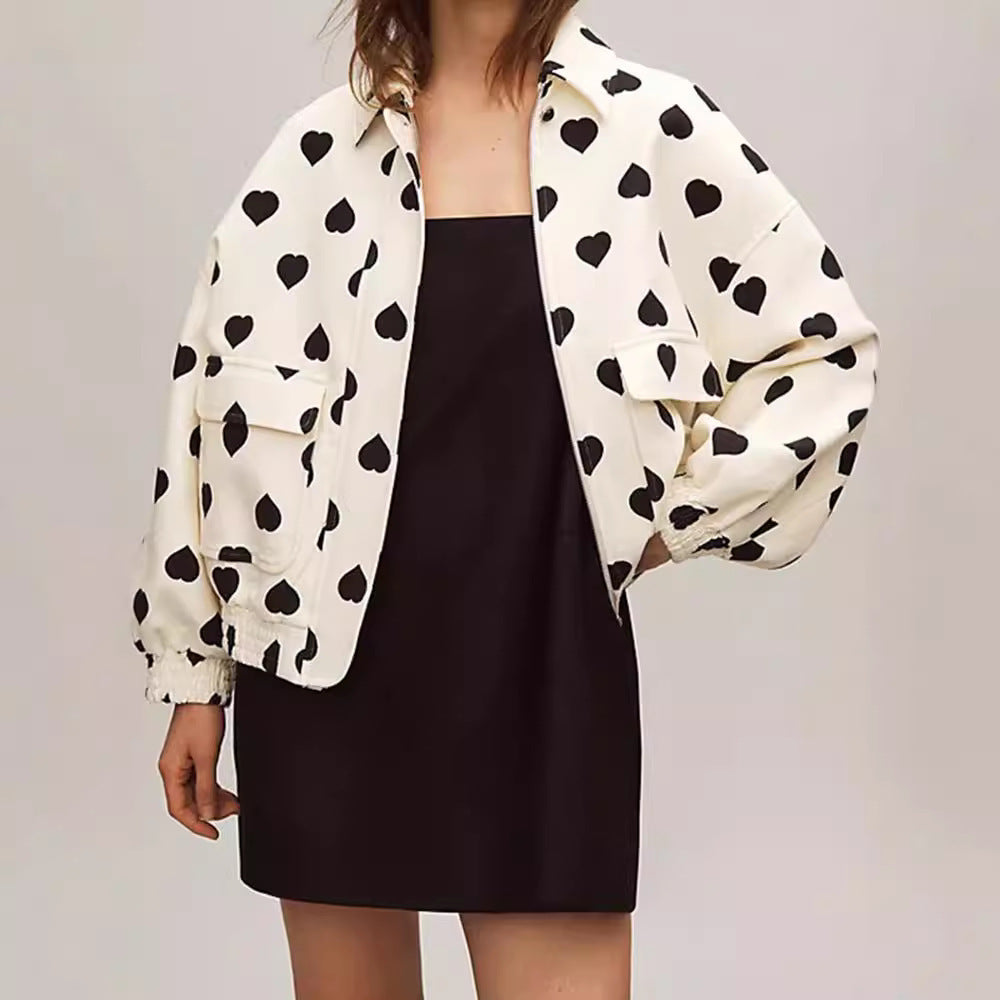 Heart Printed Jacket Coat Lapel Zipper Pocket