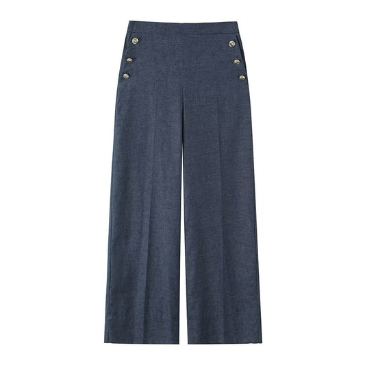 Button Decoration Wide Leg Pants