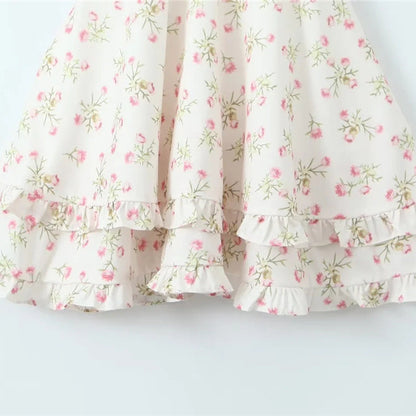 Tight Waist Small Chest Hollow Out Tied Puff Sleeve Floral Print Dress