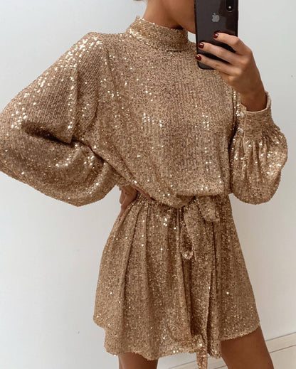 Gold Slim Fit Tied Waist-controlled Long Sleeves Dress