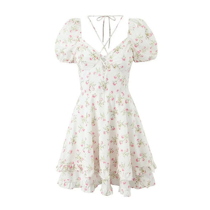 Tight Waist Small Chest Hollow Out Tied Puff Sleeve Floral Print Dress