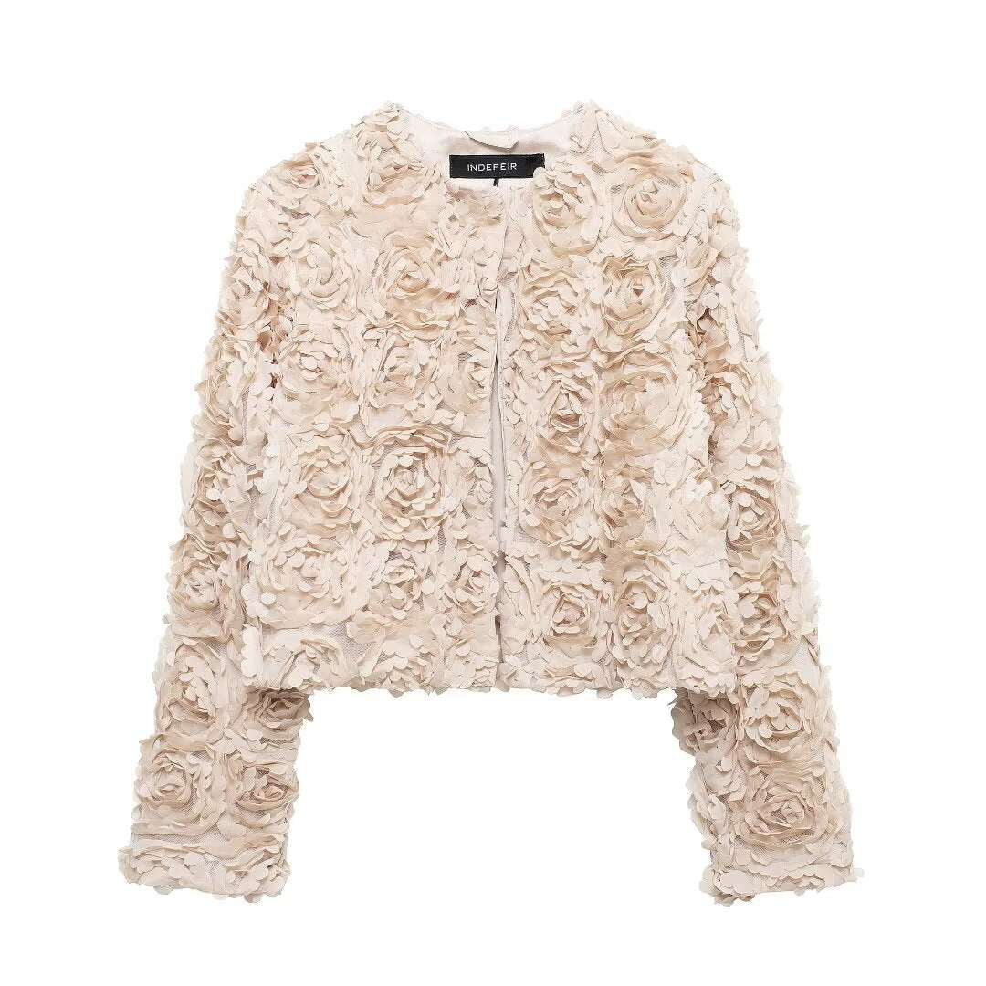 Fashion Short Textured Floral Casual Jacket Coat